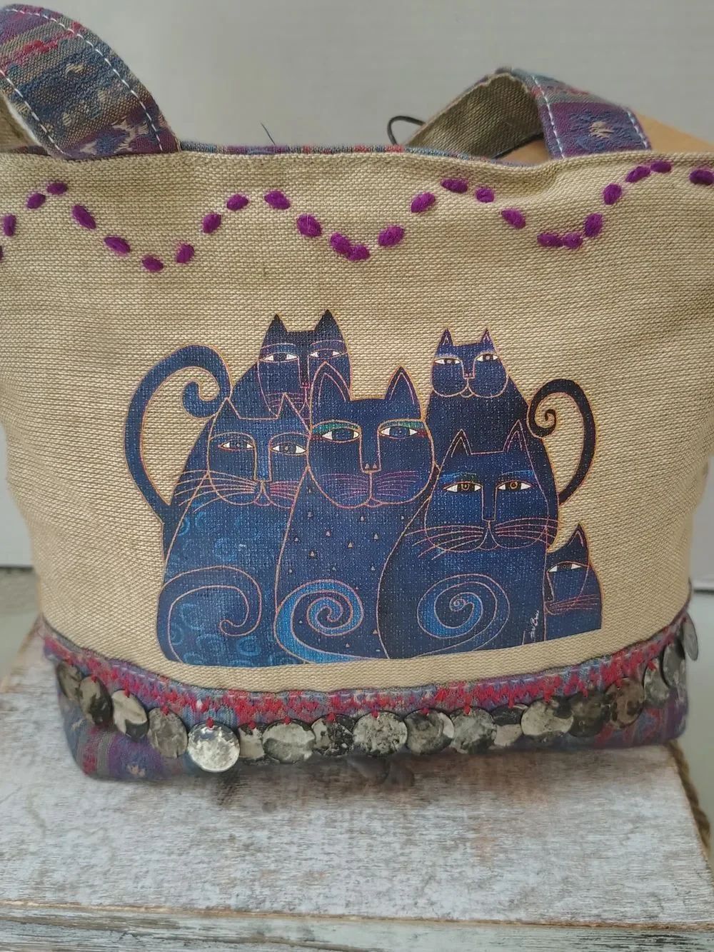 Laurel Burch  Blue Cat Canvas Tote with Embroidered Accents
